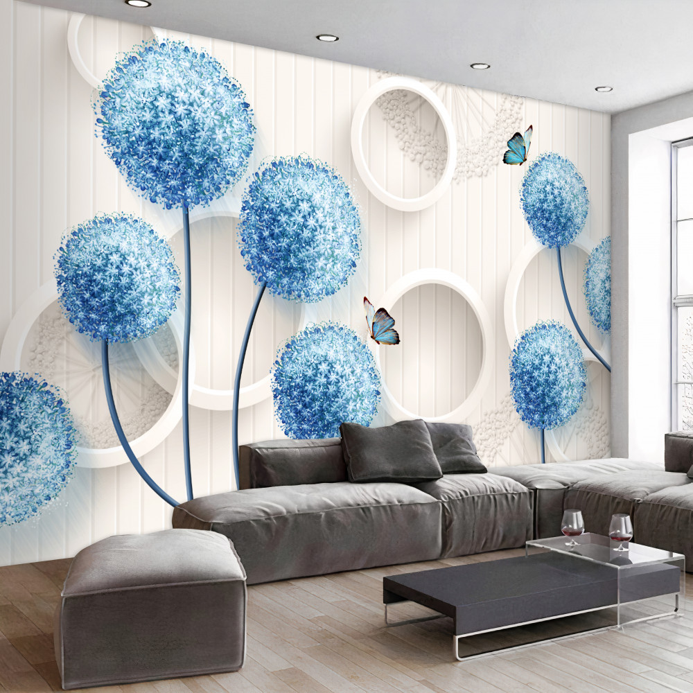 Fototapeta niebieskie kwiaty i motyle na białym tle