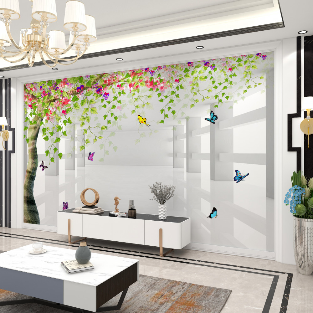 Fototapeta motyle na kwitnącym drzewie w korytarzu