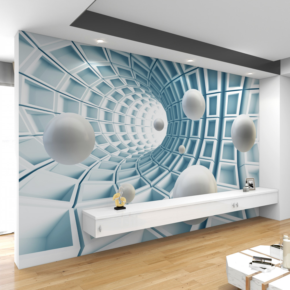 Fototapeta białe kule unoszą się w oddalającym się niebieskim tunelu