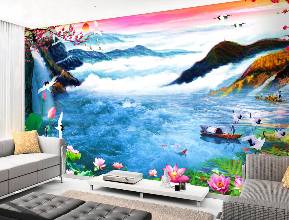 Fototapeta rybacy przy górskim wodospadzie o zachodzie słońca