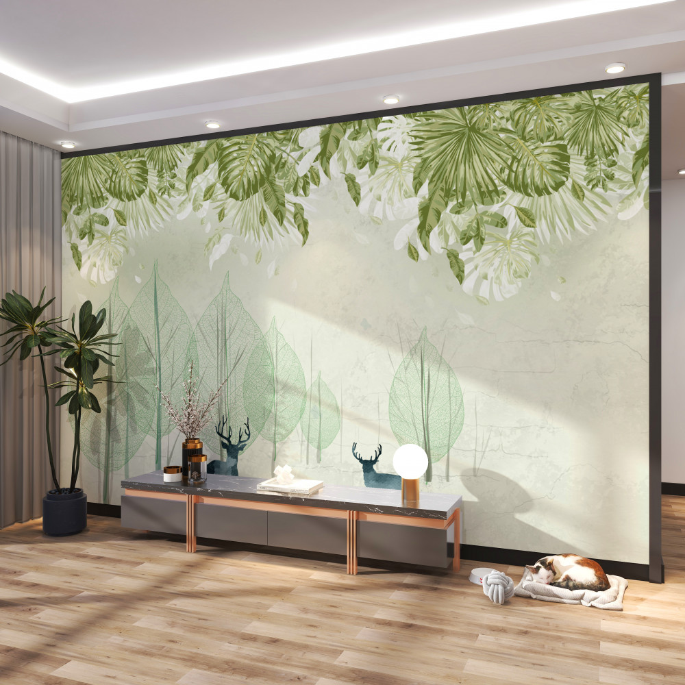 Fototapeta rodzina jeleni spacerująca po zielonym lesie mgłowym