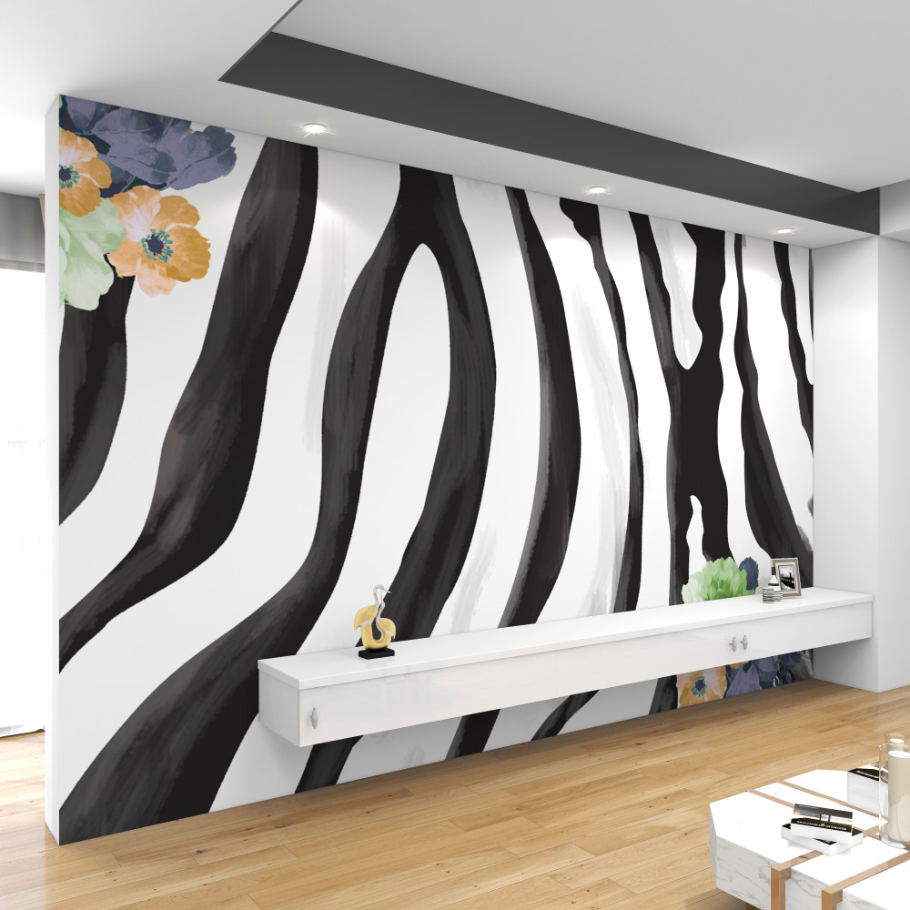 Fototapeta czarno-białe tło w kwiatowe paski