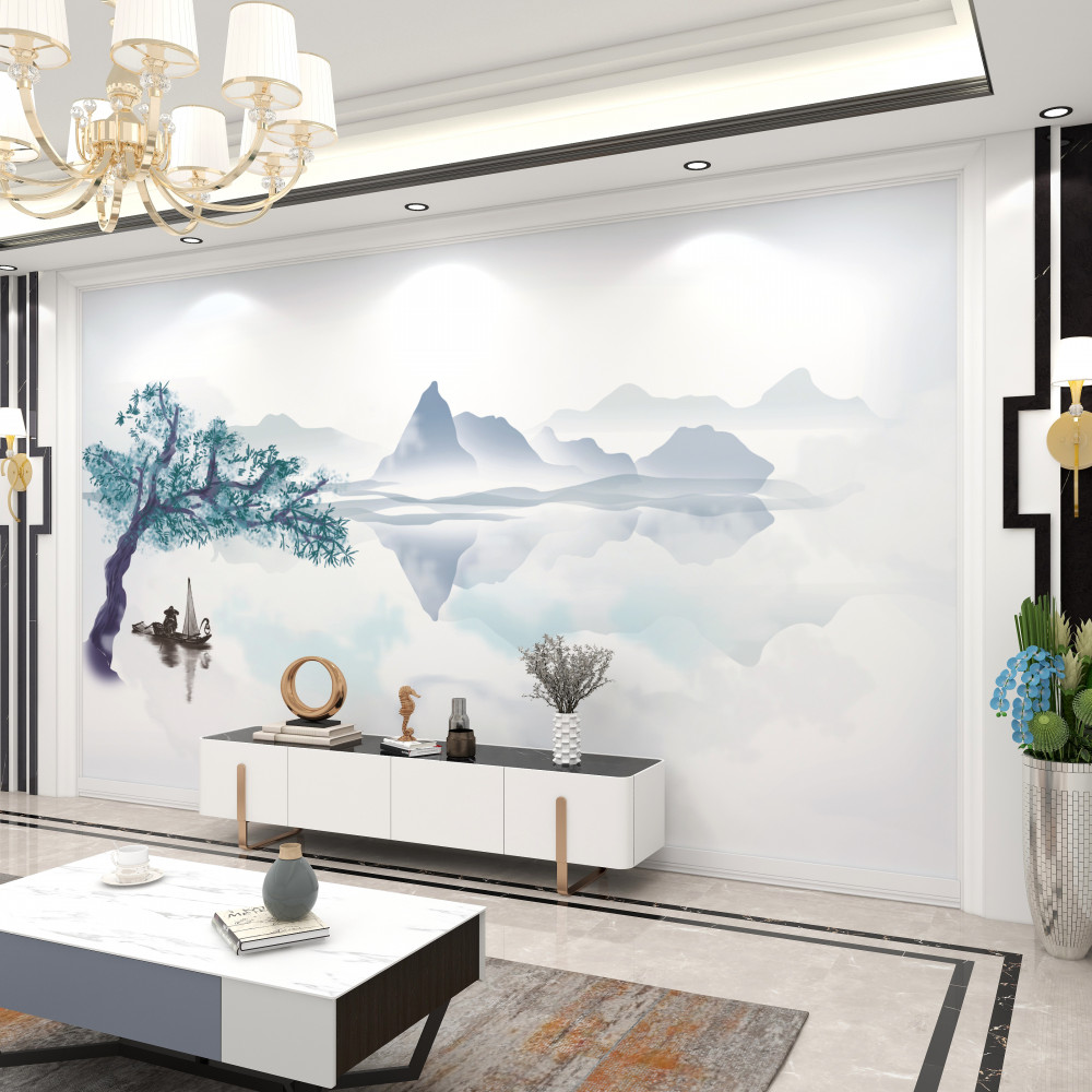 Fototapeta samotny rybak przy drzewie na jeziorze