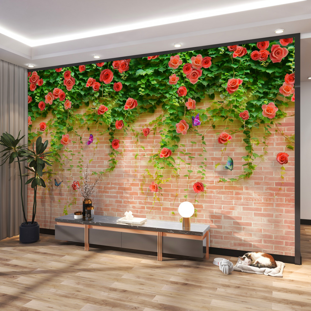Fototapeta czerwone róże na ścianie z cegły