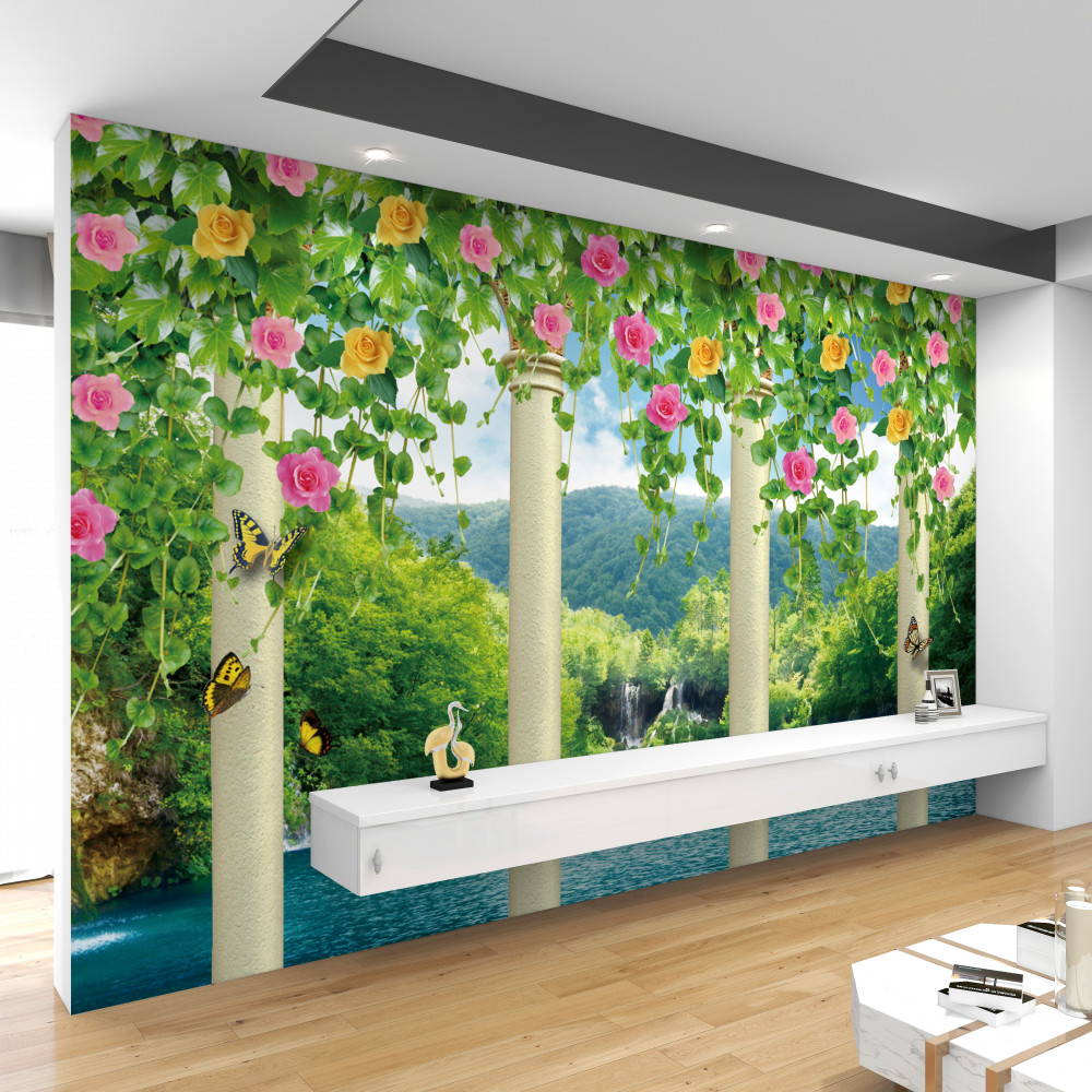 Fototapeta piękny widok przez kwiaty wodospadu