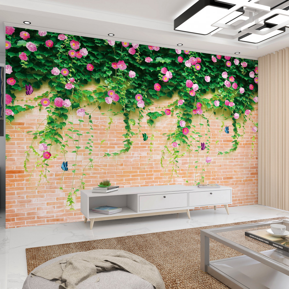 Fototapeta delikatne różowe róże na ścianie z cegły