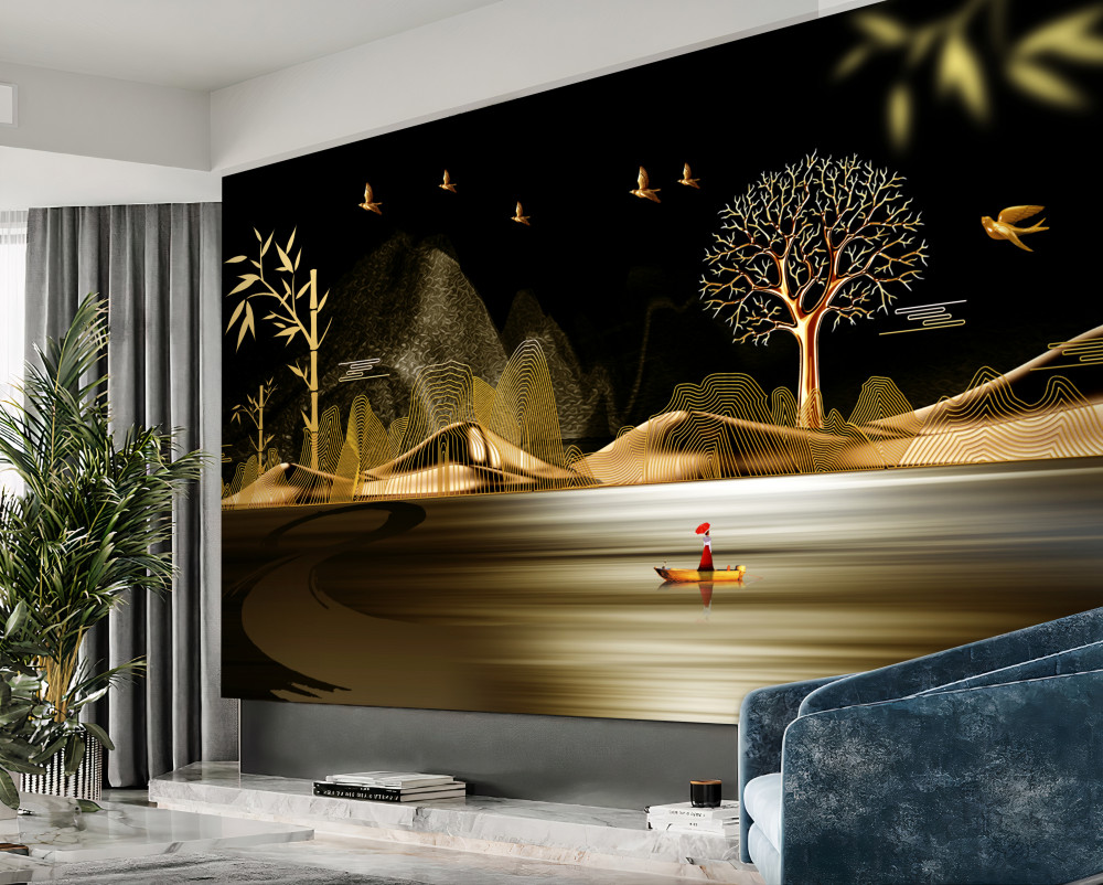 Fototapeta rybak nad wodą w pobliżu złotego lasu