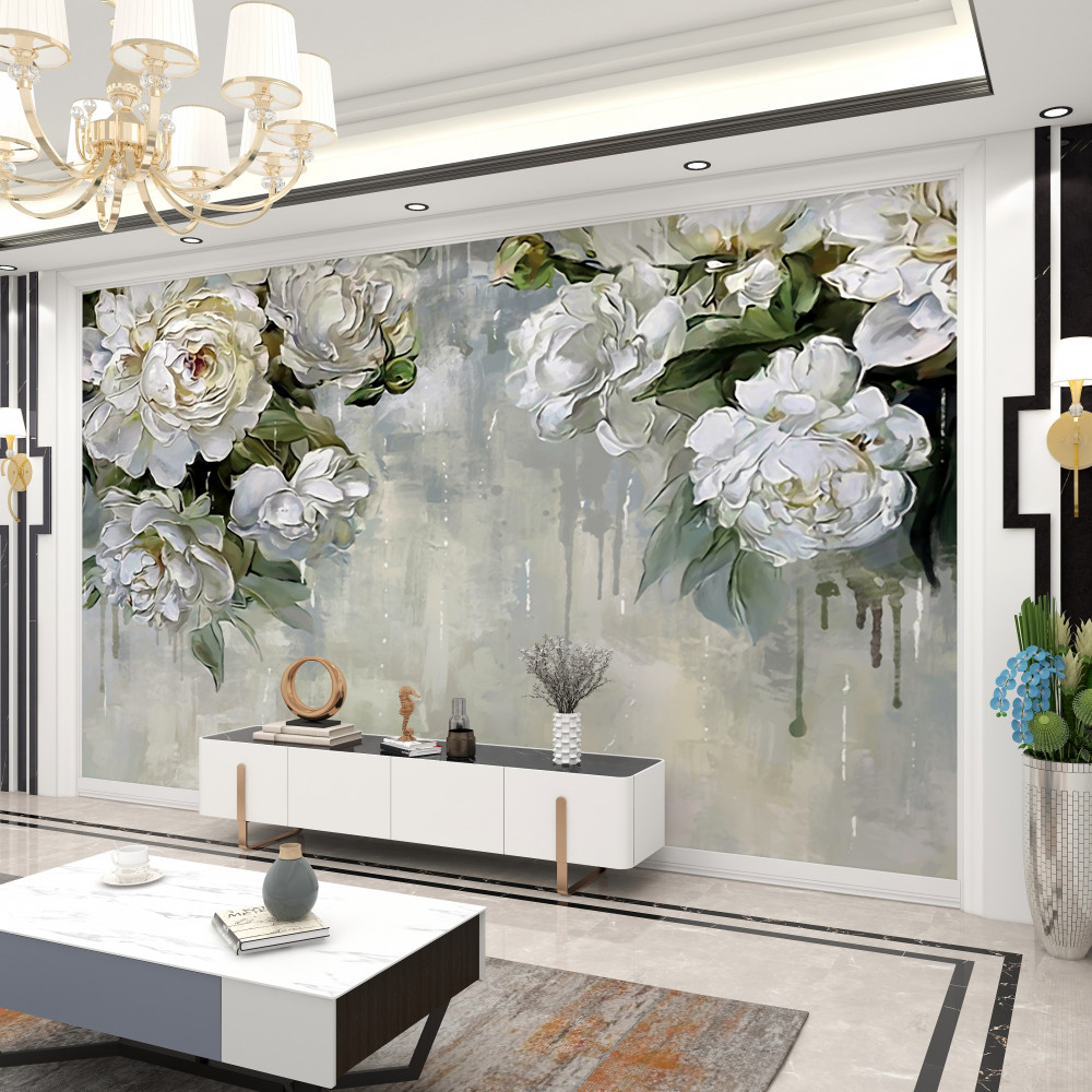 Fototapeta duże białe kwiaty na betonowej ścianie