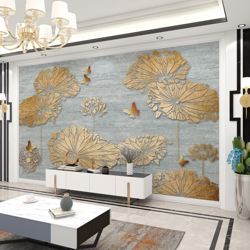 Fototapeta złote liście i motyle na wodzie