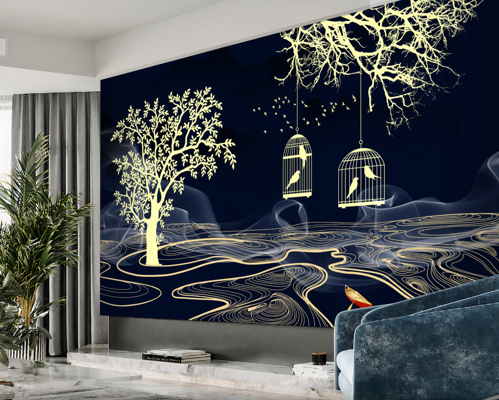 Fototapeta ptaki w klatkach i drzewa nad wodą