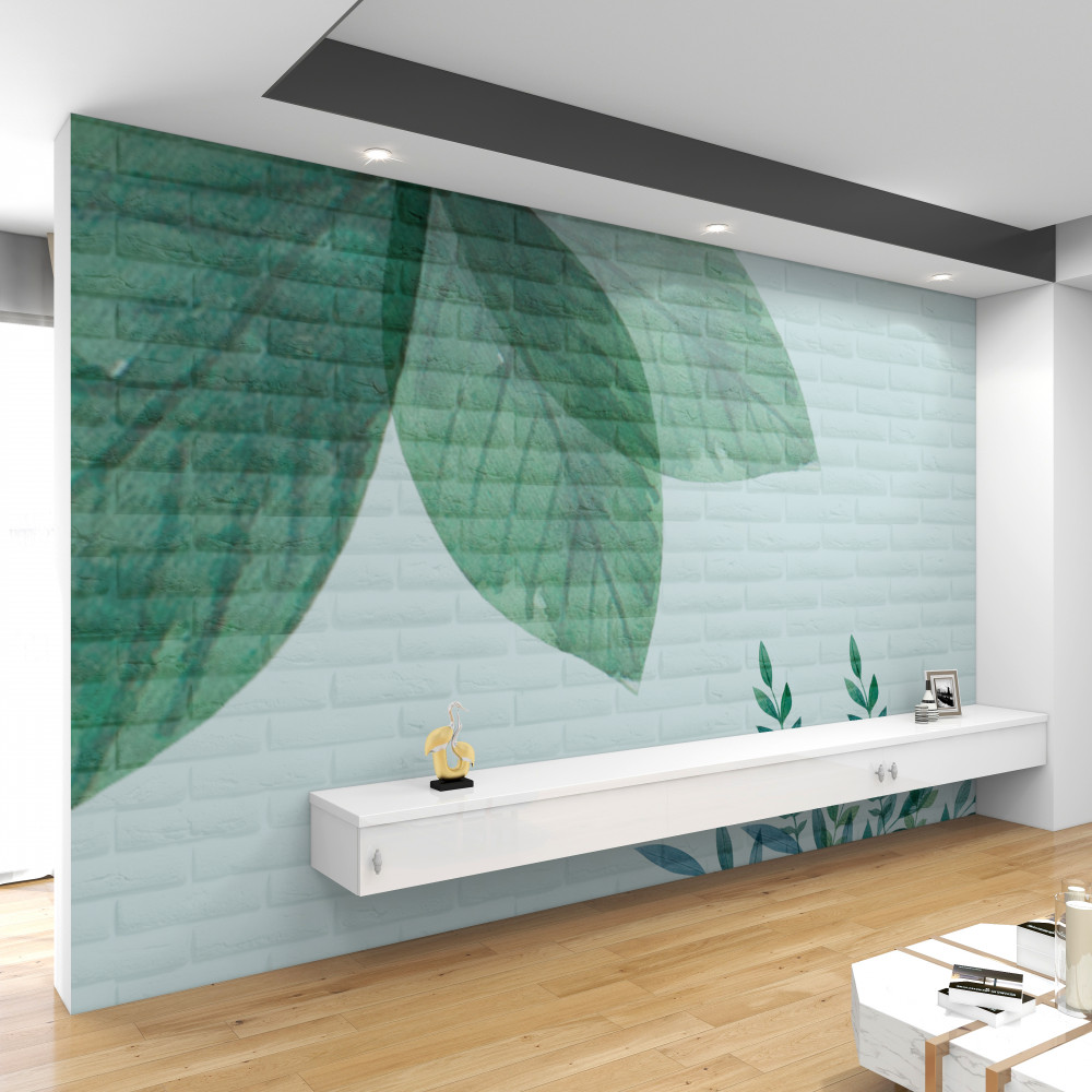 Fototapeta akwarela zielone liście na cegle