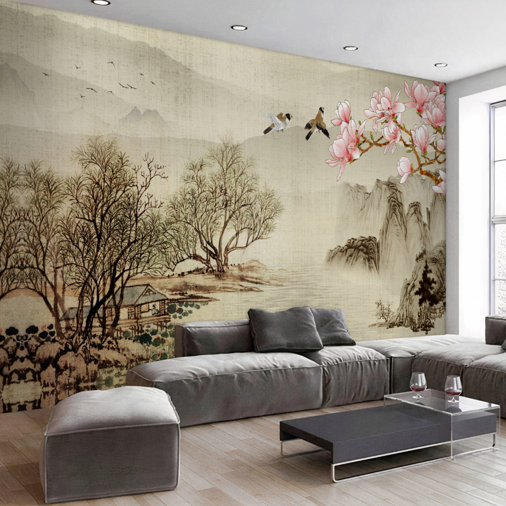 Fototapeta spokojna górska rzeka i kwitnąca magnolia