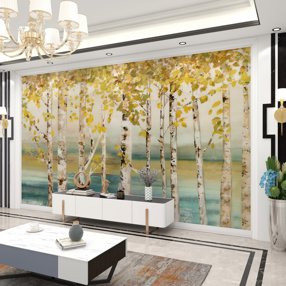 Fototapeta jezioro za jesiennym gajem brzozowym