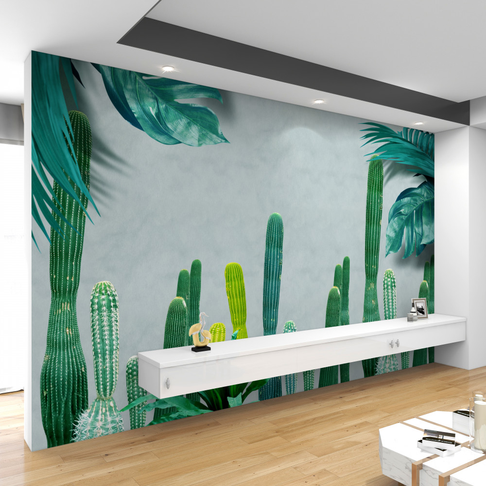 Fototapeta zielone kaktusy w tropikalnych palmach