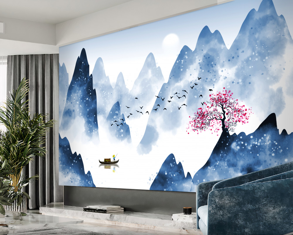 Fototapeta rybak wraca wzdłuż górskiego jeziora