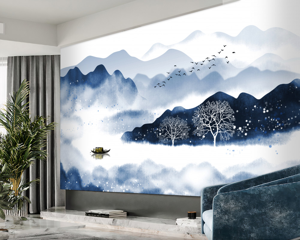 Fototapeta rybak pływa w spokojnym górskim jeziorze