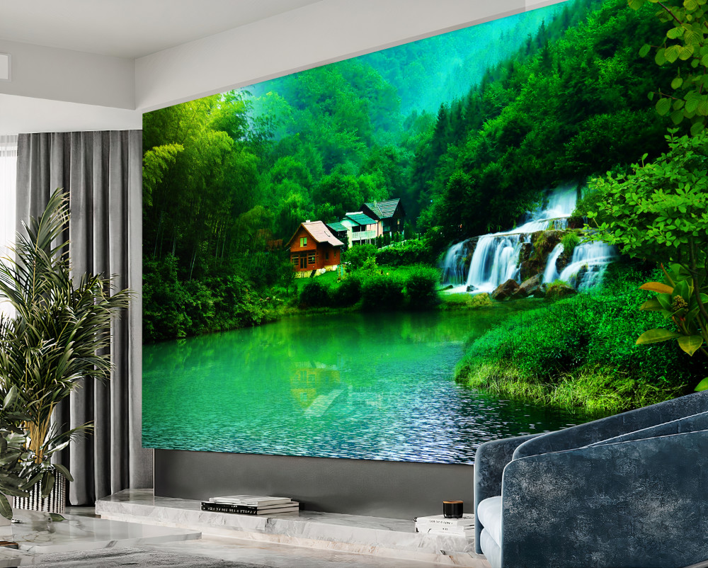 Fototapeta cichy wodospad w pobliżu domu nad jeziorem