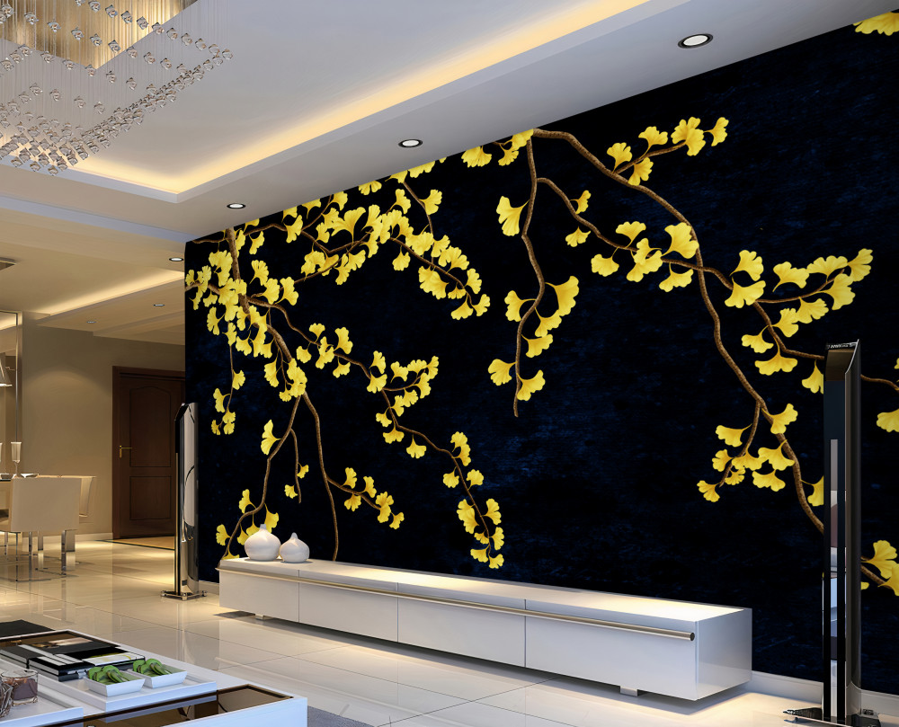 Fototapeta żółte gałęzie z liśćmi na nocnym niebie