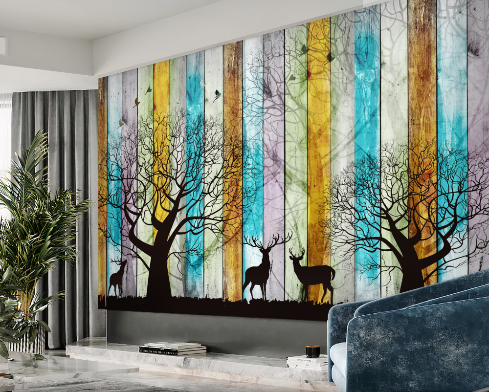 Fototapeta sylwetki drzew i jeleni