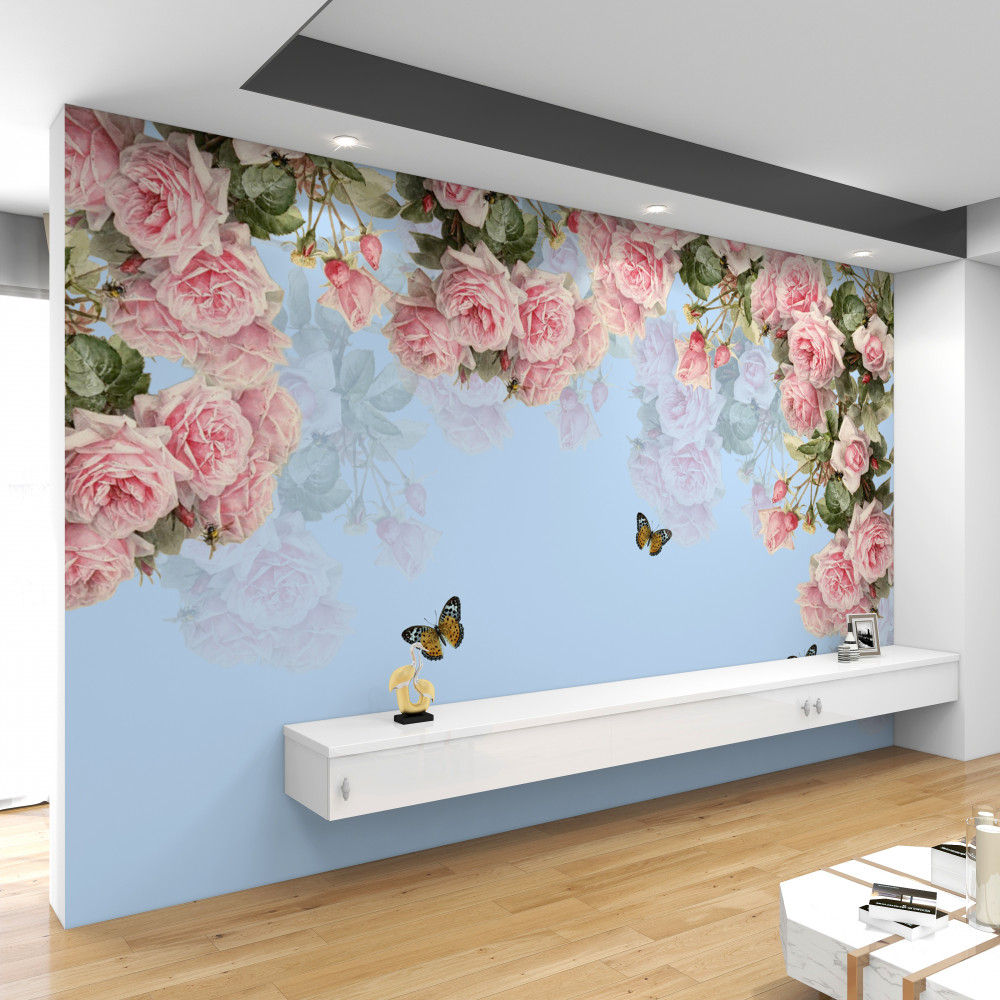 Fototapeta różowe róże na niebieskim tle