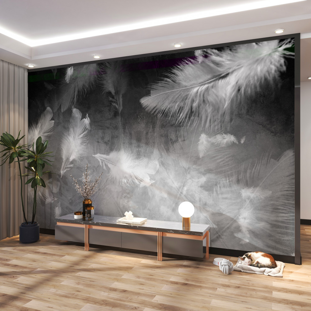 Fototapeta białe pióra na szarym tle