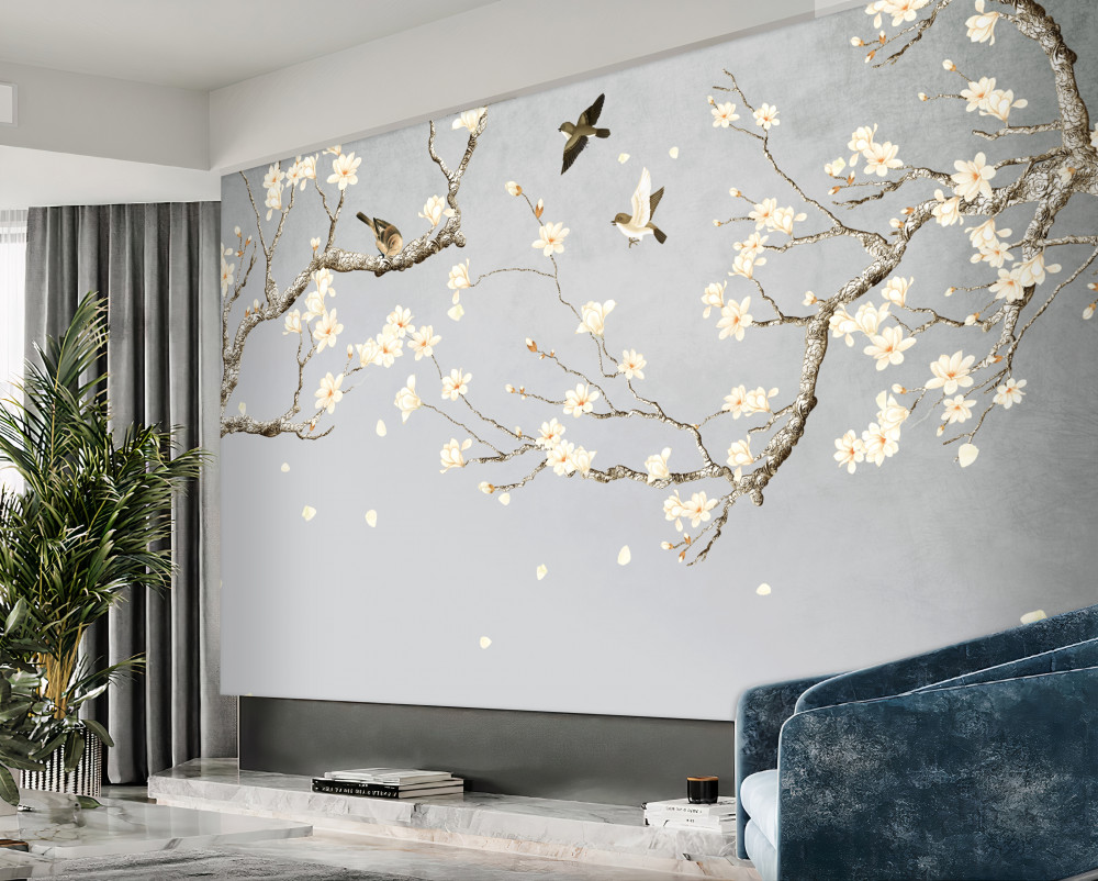 Fototapeta ptaki krążą w pobliżu kwitnącego drzewa