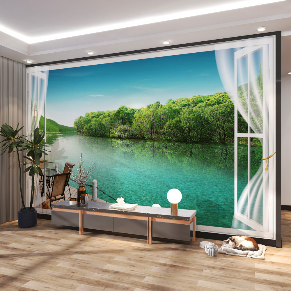 Fototapeta weranda w pobliżu zielonego jeziora