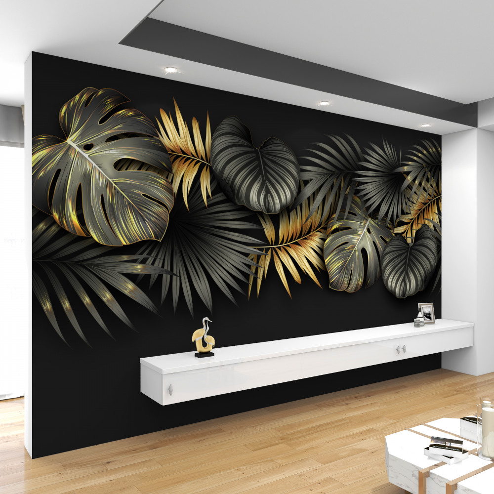 Fototapeta czarne liście ze złotem na czarnym tle