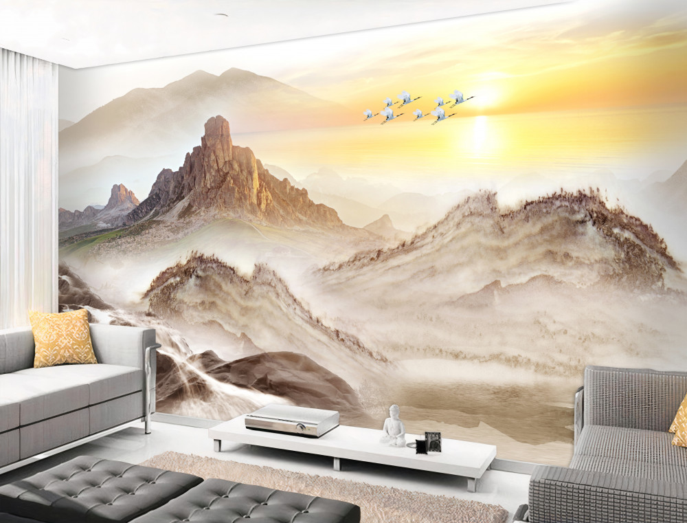 Fototapeta żurawie latają nad górami o zachodzie słońca