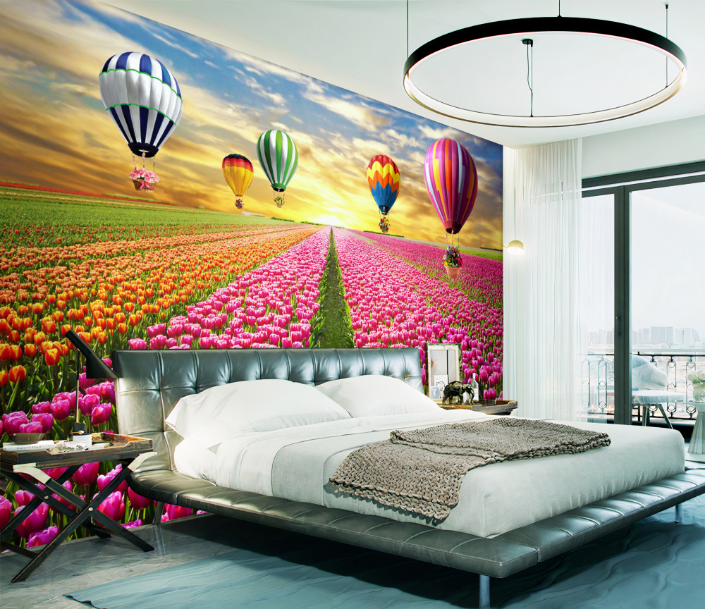 Fototapeta balony wznoszące się nad polem tulipanów