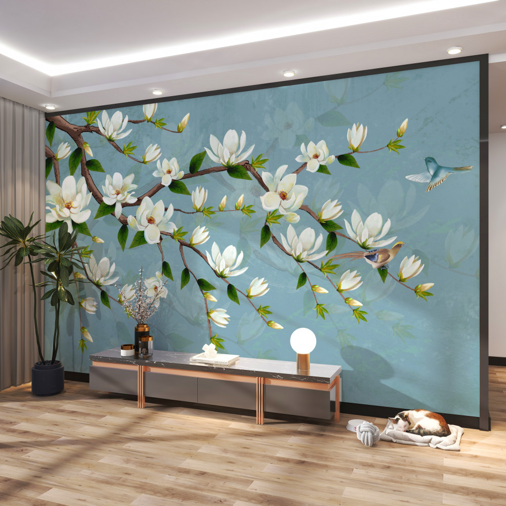 Fototapeta ptak leci do białych kwiatów