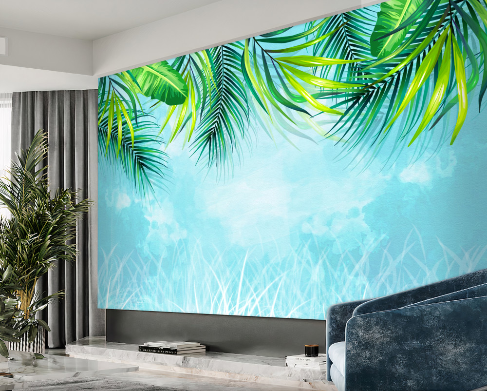 Fototapeta tropikalne liście na błękitnym niebie