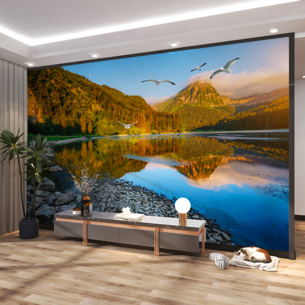 Fototapeta jaskółki latające nad górską rzeką