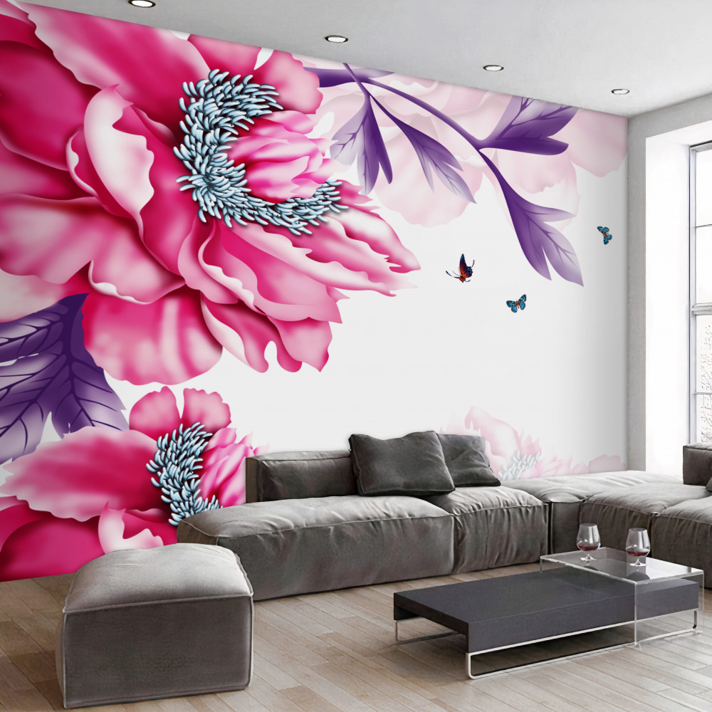 Fototapeta różowe kwiaty i motyle w tle