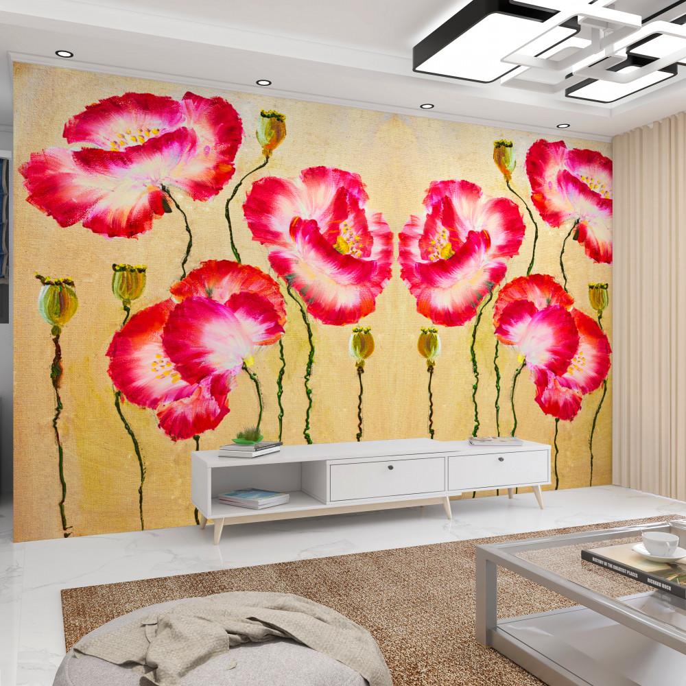 Fototapeta czerwone i białe maki oraz ich pąki