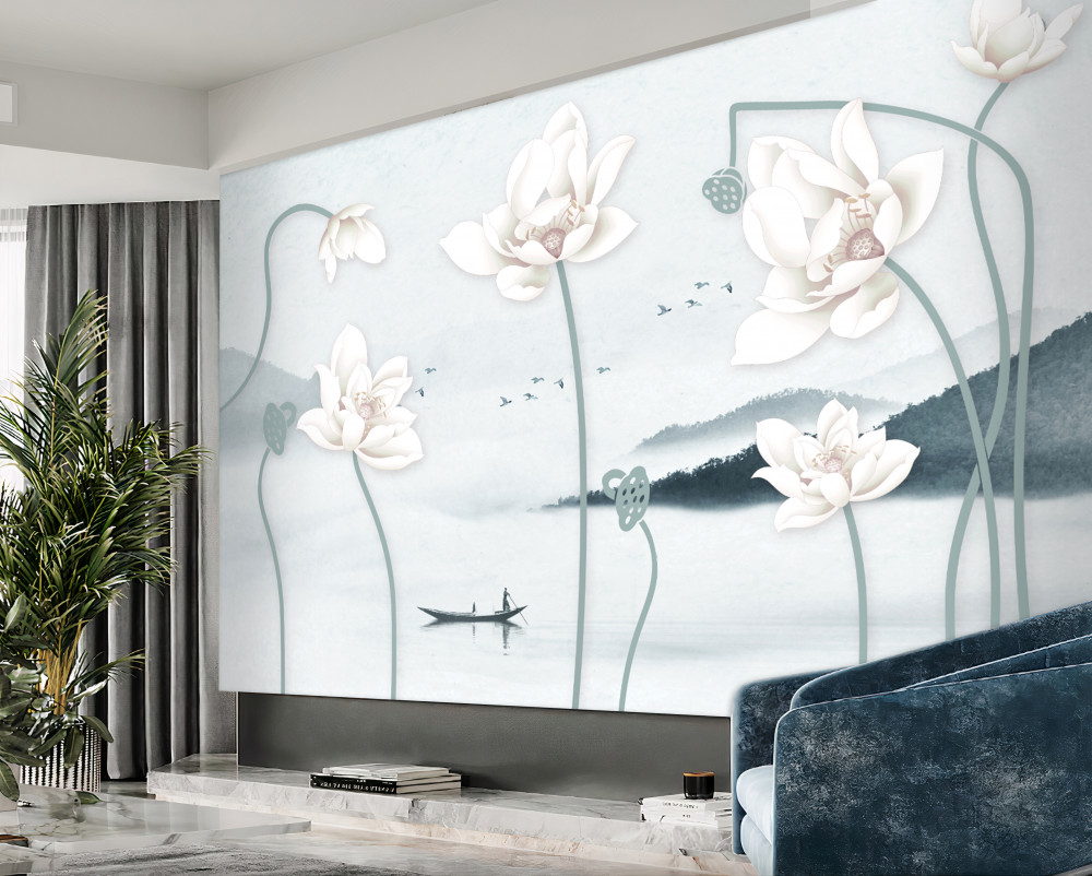 Fototapeta rybak na łodzi i białe kwiaty