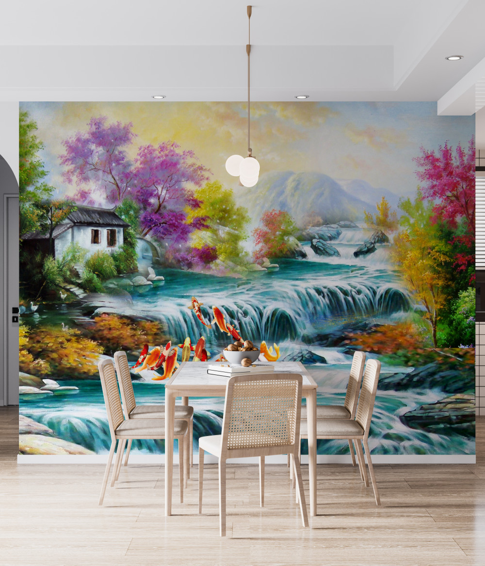 Fototapeta hałaśliwy wodospad w pobliżu domu jesienią