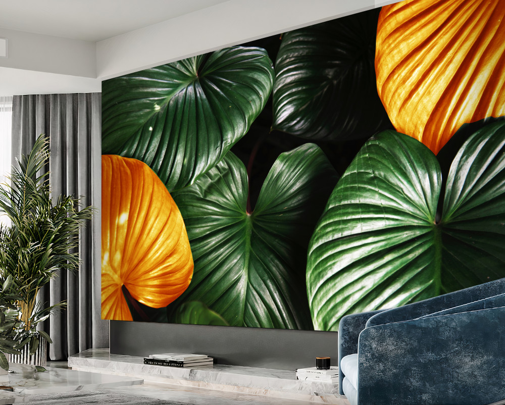 Fototapeta duże zielone i brązowe liście