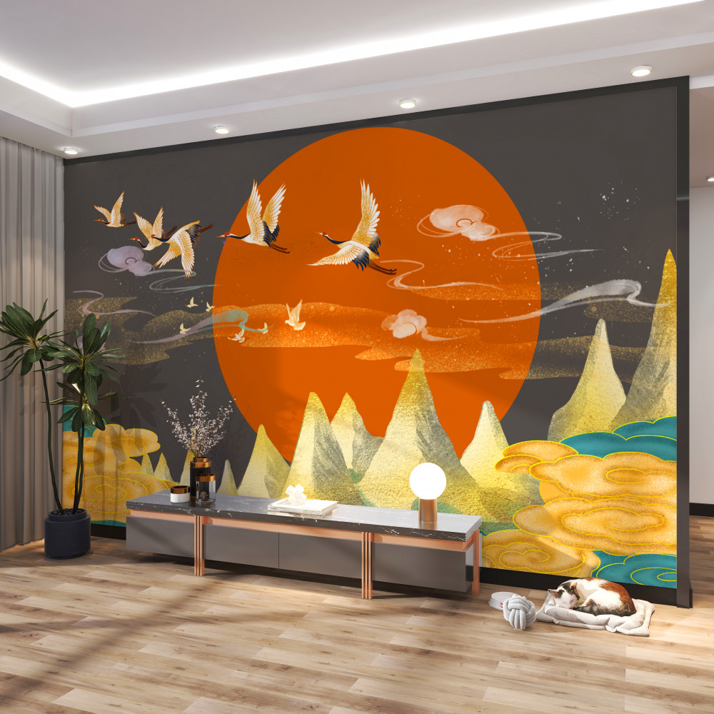 Fototapeta żurawie opuszczają dom nad górami