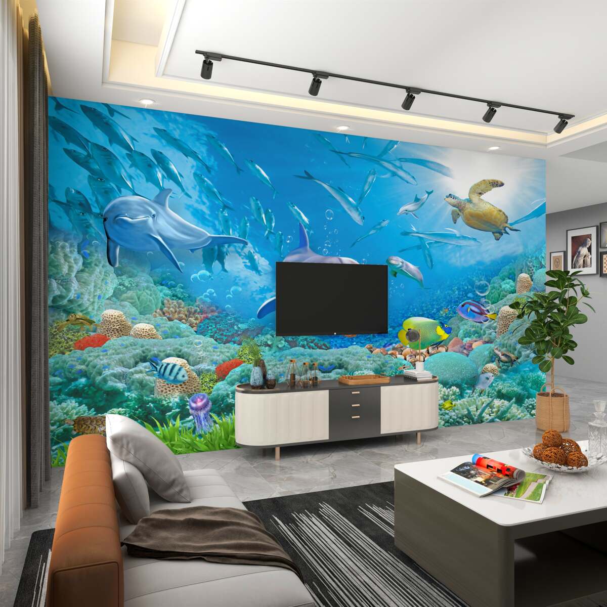 Fototapeta Podwodny świat z rybami, delfinami i żółwiami