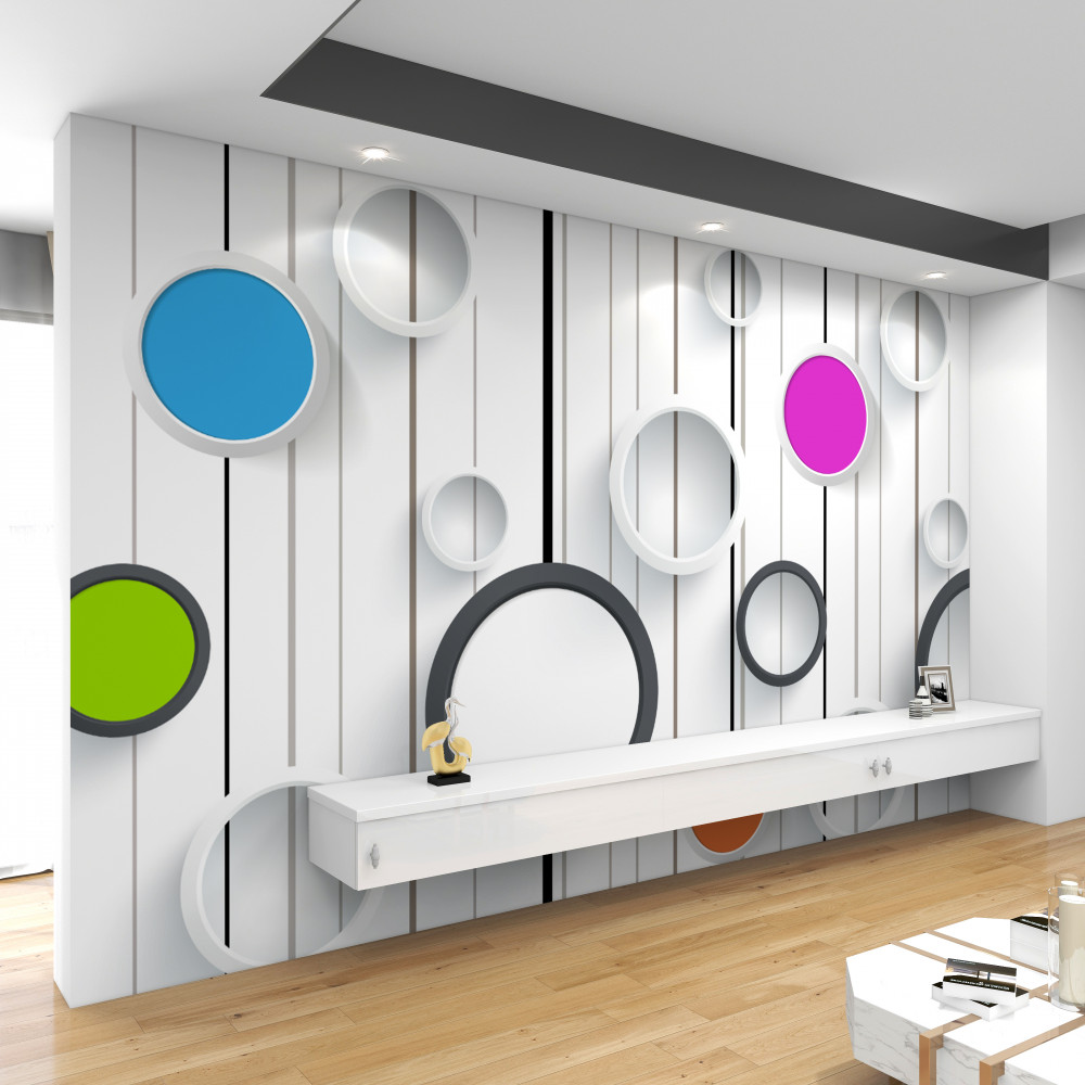 Fototapeta kolorowe kółka na białym parkiecie