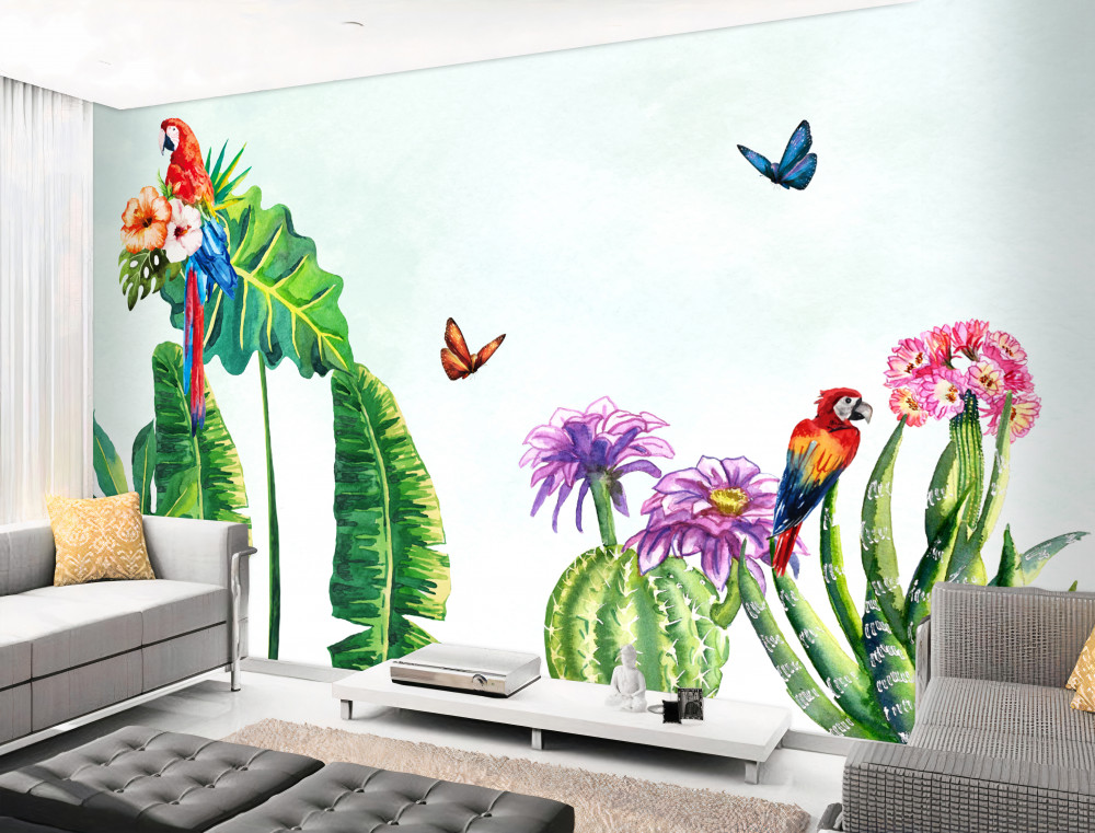 Fototapeta jasne papugi i motyle wśród zieleni