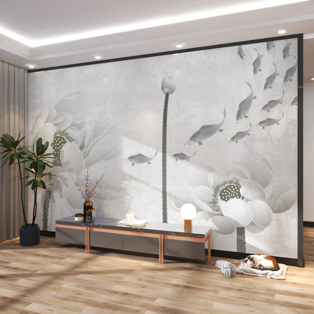 Fototapeta ryby przepływają obok białych kwiatów