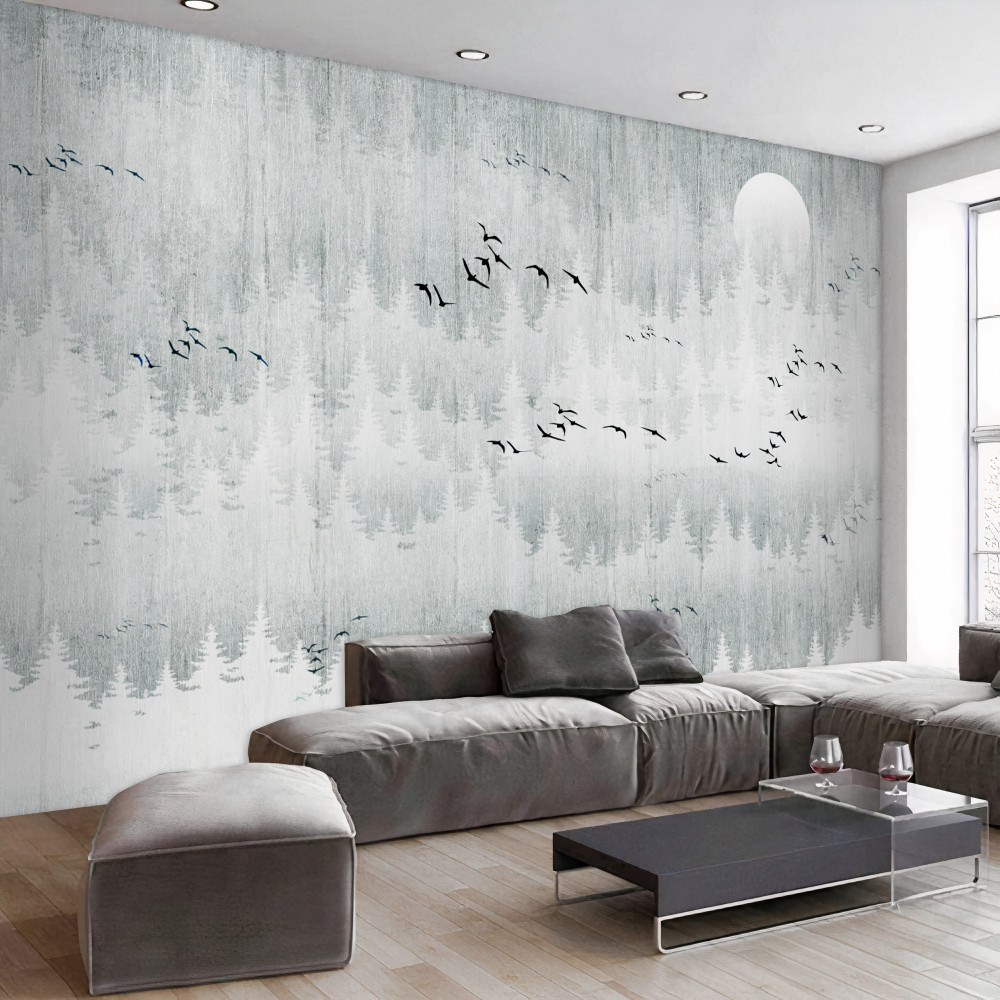 Fototapeta ptaki latają nad mglistym lasem