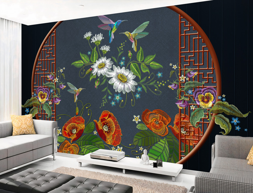 Fototapeta panel kwiatów i kolibra