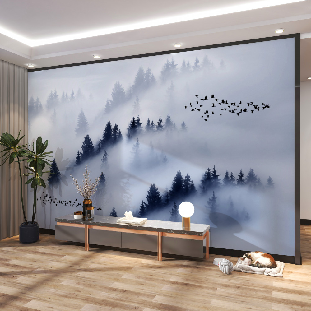 Fototapeta gęsta mgła pokrywa las iglasty