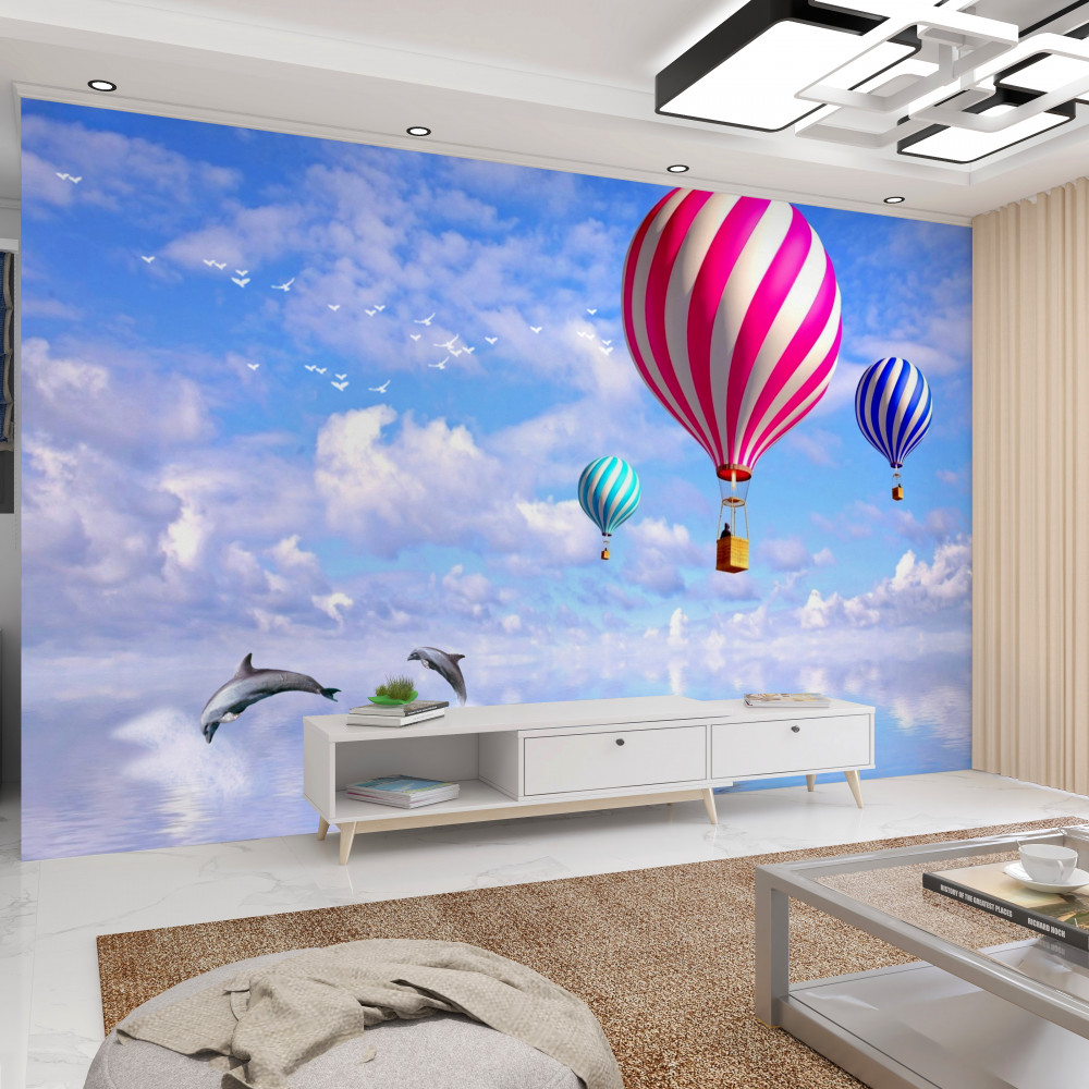 Fototapeta lot balonem nad morzem z delfinami