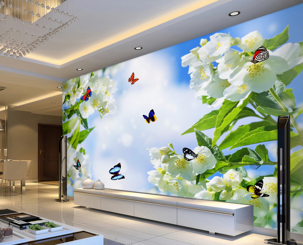 Fototapeta białe kwiaty i kolorowe motyle