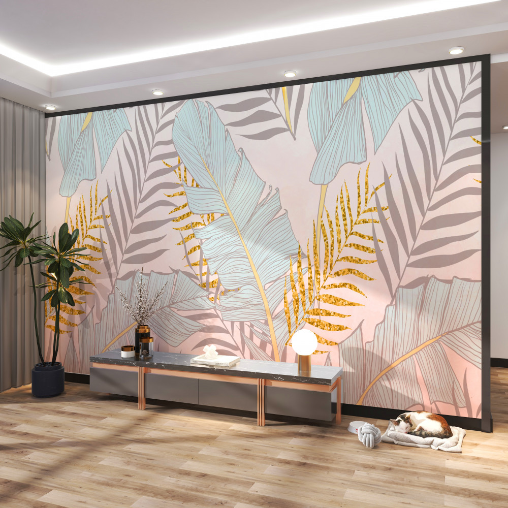 Fototapeta liście bananowca i złota paproć