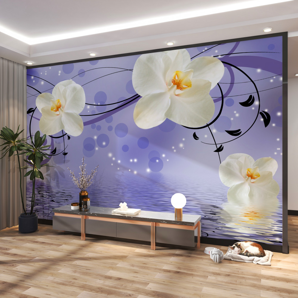 Fototapeta duże białe kwiaty nad jeziorem